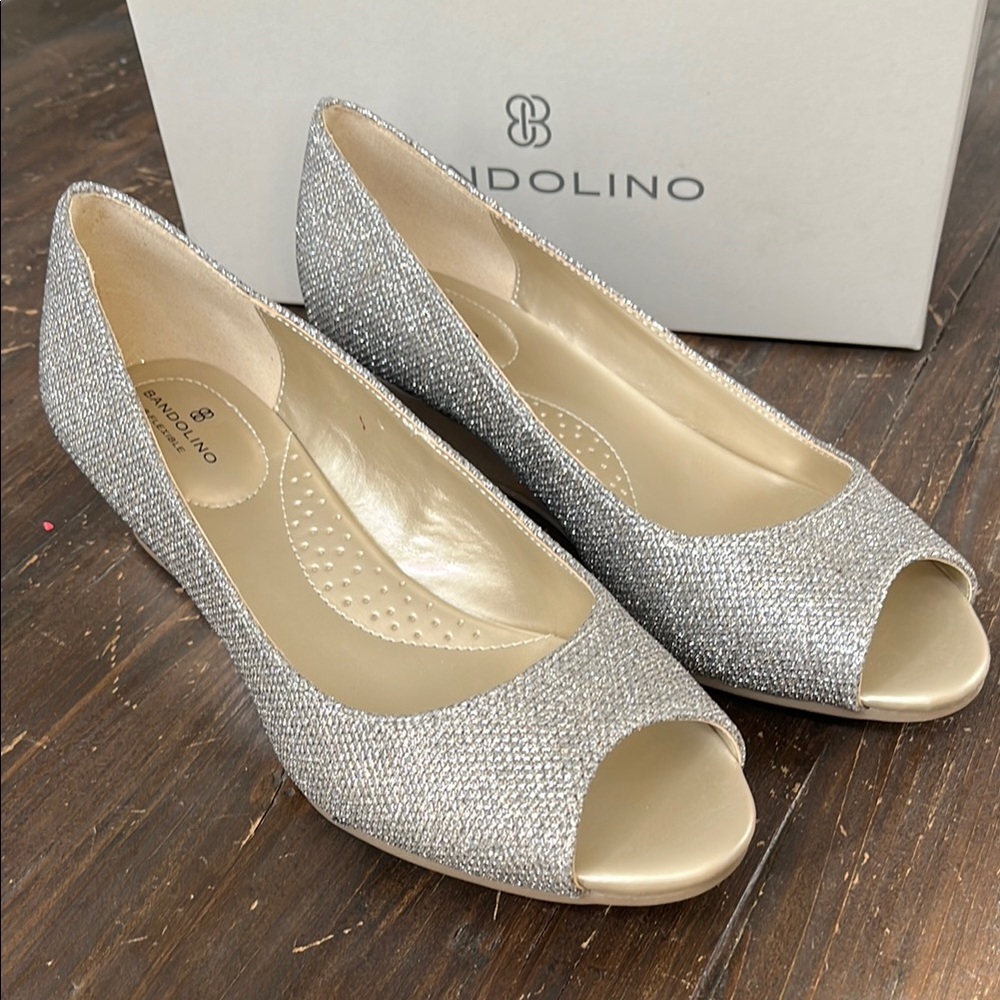 Bandolino Gold Peep-Toe Wedge Heels with Shimmering Finish